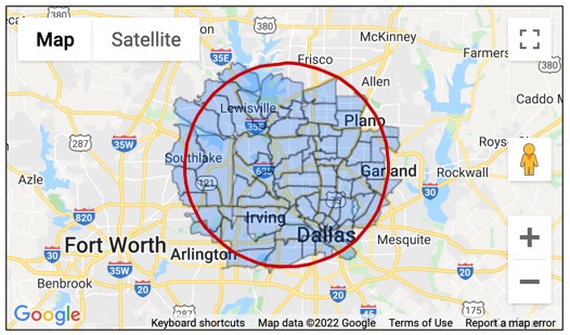 Map showing zipcodes highlighted in Dallas Texas area